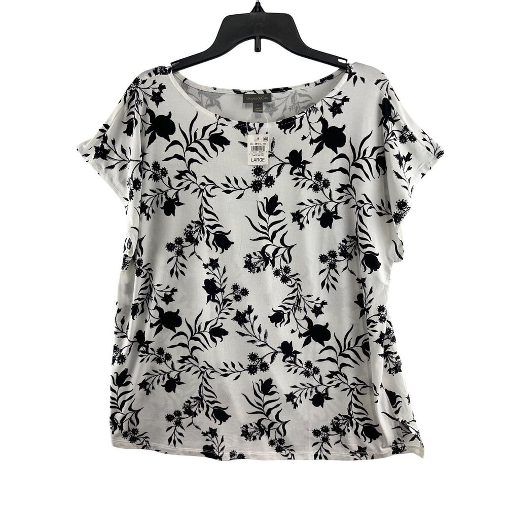 Style & Co Mix Media Tee Large Black & White Floral Pattern Short Sleeve